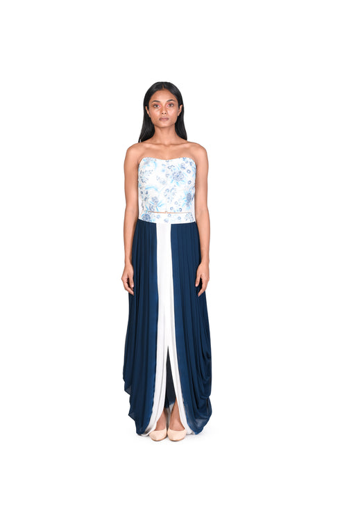 Handpainted Corset, Navy Tie-Dye Skirt with Cutdana EMB Throw
